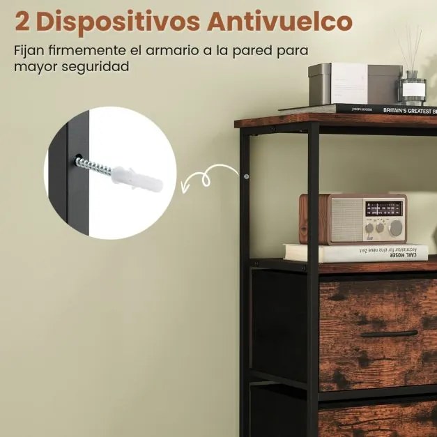 Cômoda para quarto com 5 gavetas 100 × 30 × 80 cm com 2 prateleiras abertas de madeira e estrutura metálica resistente Castanho