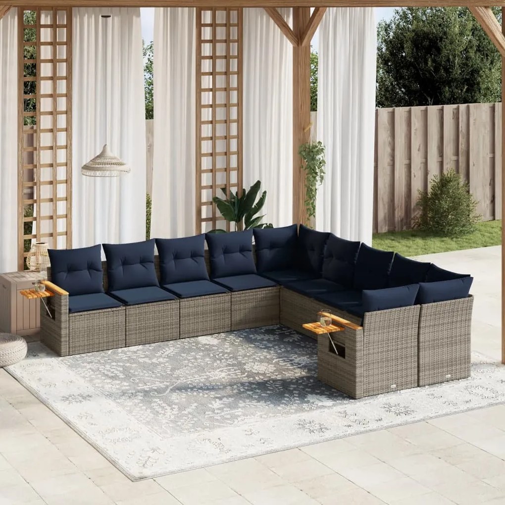 10 pcs conjunto sofás p/ jardim c/ almofadões vime PE cinzento