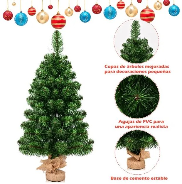 Árvore de Natal  artificial de 90 cm fácil de montar com folhas de PVC Ramos Suporte metálico e base de cimento Verde