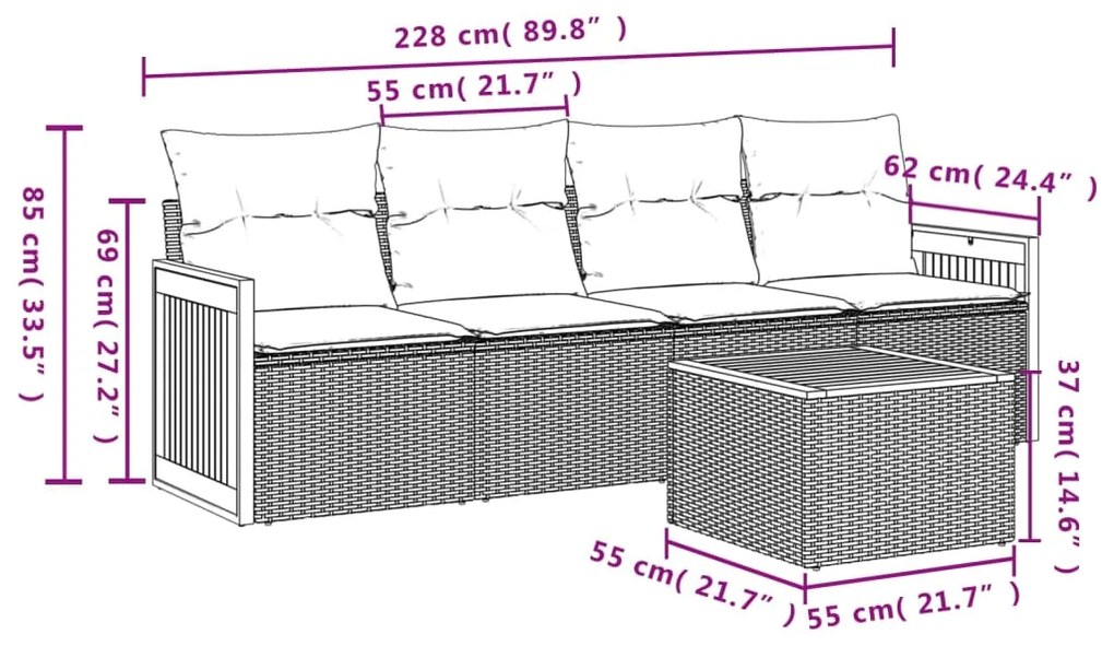 5 pcs conjunto sofás de jardim com almofadões vime PE preto