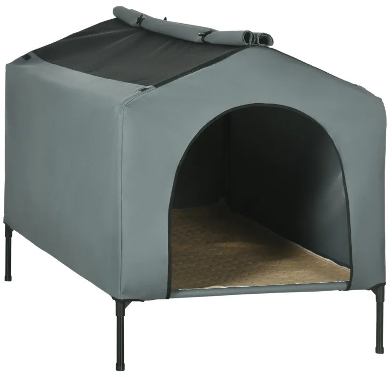 Casa para Cães com Cobertura Exterior Cama Elevada com Almofada e Janelas de Malha 130x85x95 cm Cinza