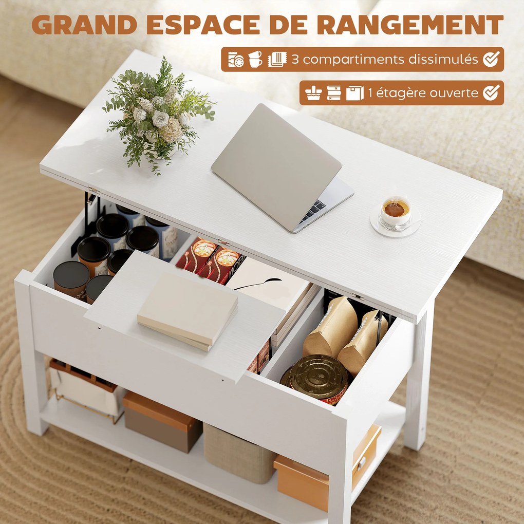 Mesa de Centro Elevável e Extensível, 100 x 90 x 63,5 cm, Tampo Duplo Ajustável, Branca