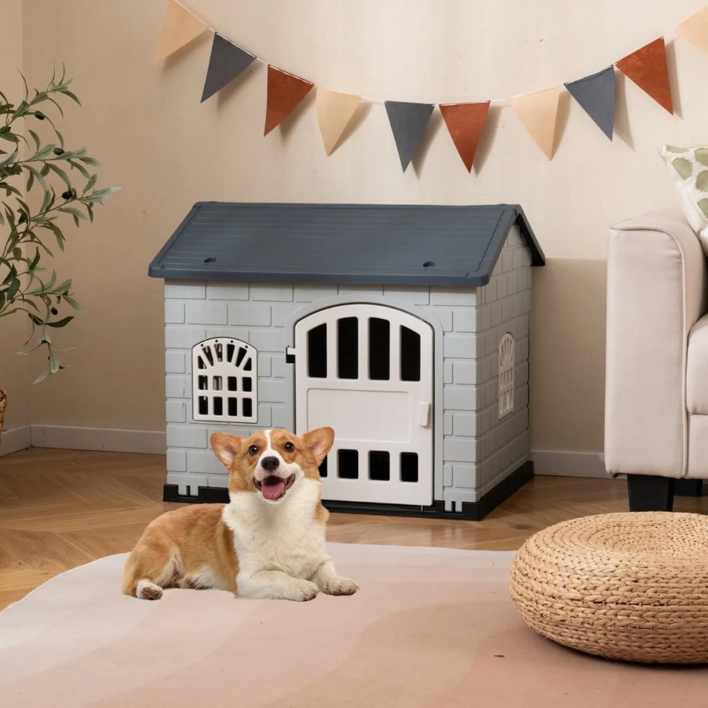 Casota de plástico para cães com 3 janelas e porta com fechadura, telhado inclinado, para interior e exterior, 75 x 58 x 65 cm, Cinzento