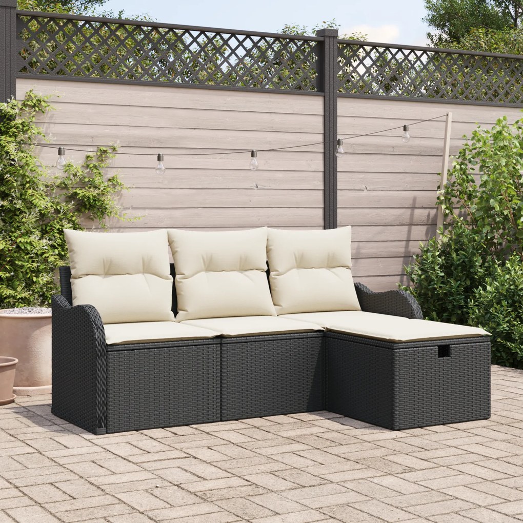 Conjunto de Sofá de Jardim em 4 Peças com Almofadas Rattan Preto