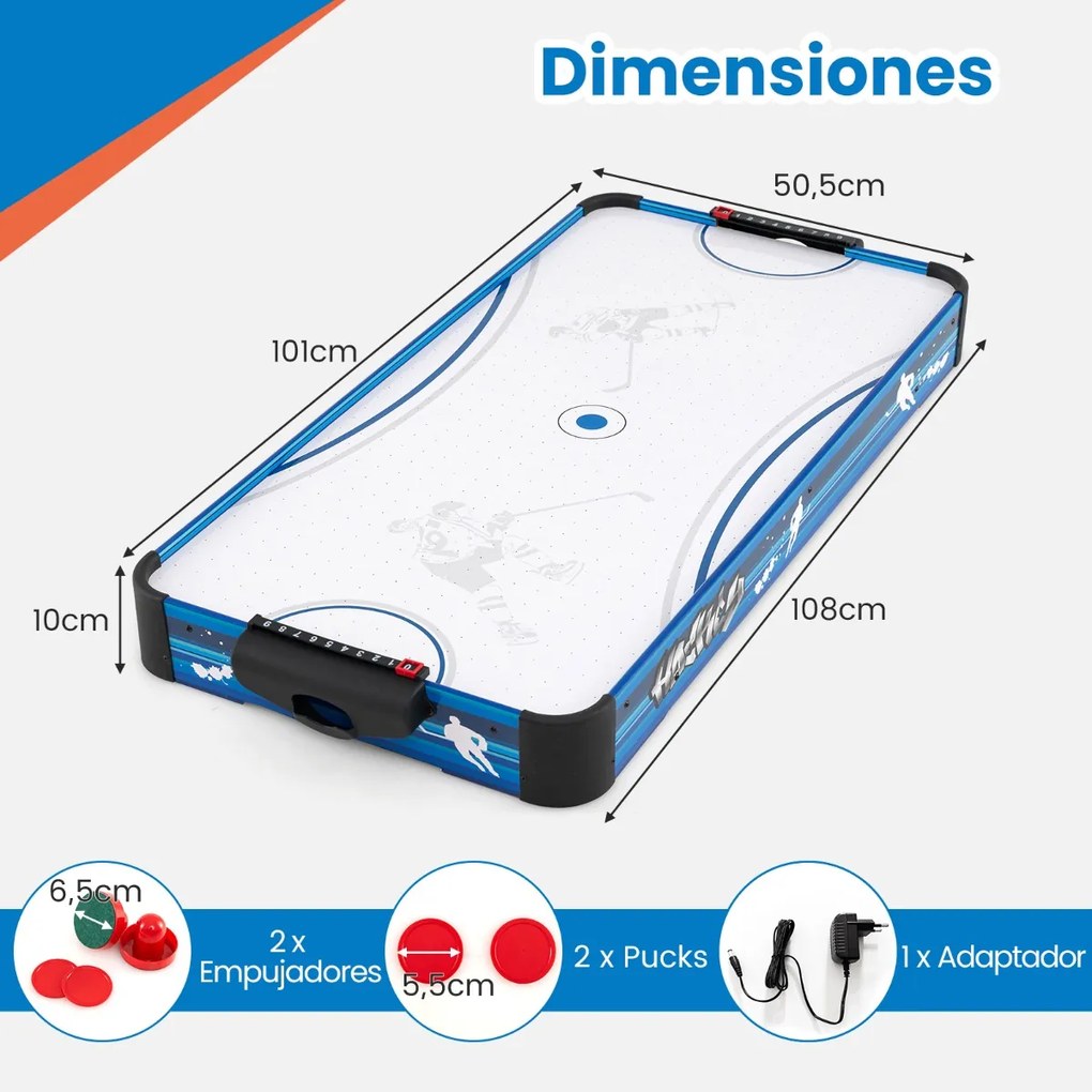Mesa de hóquei de ar com ventilador potente de 12 V, 2 discos, 2 empurradores, 108 x 50,5 x 10 cm, branco e azul