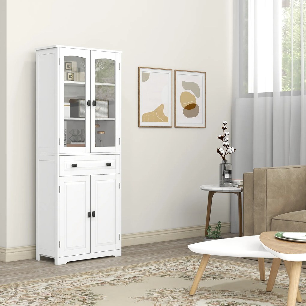 HOMCOM Armário de Cozinha Móvel Auxiliar de Cozinha com 4 Portas 1 Gaveta e 2 Prateleiras Ajustáveis para Sala de Jantar 60x30x160 cm Branco
