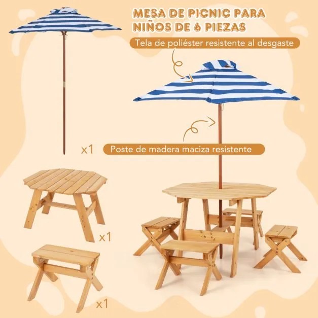 Conjunto de mesa de madeira para crianças com 4 cadeiras Guarda-sol dobrável de altura ajustável para pátio exterior Pátio jardim Natural