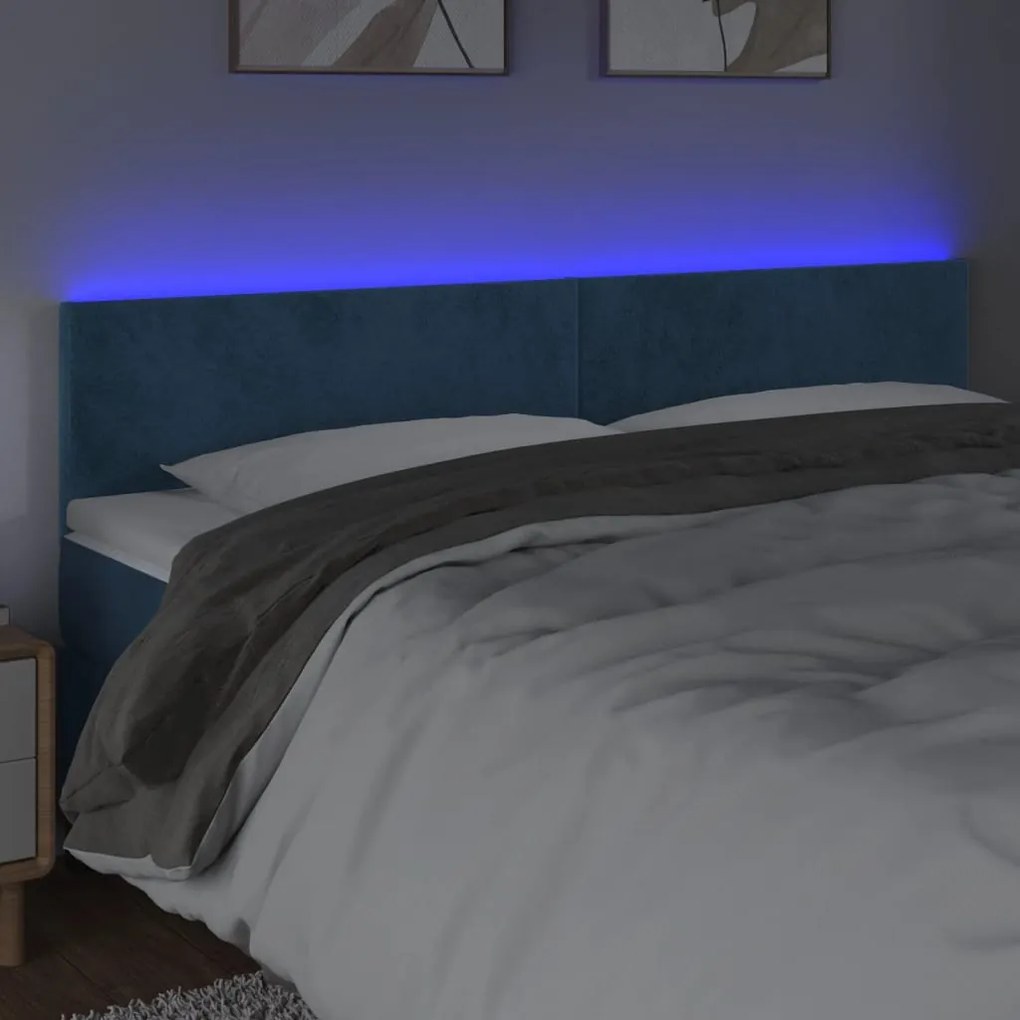 Cabeceira de cama c/ luzes LED veludo 180x5x78/88cm azul-escuro