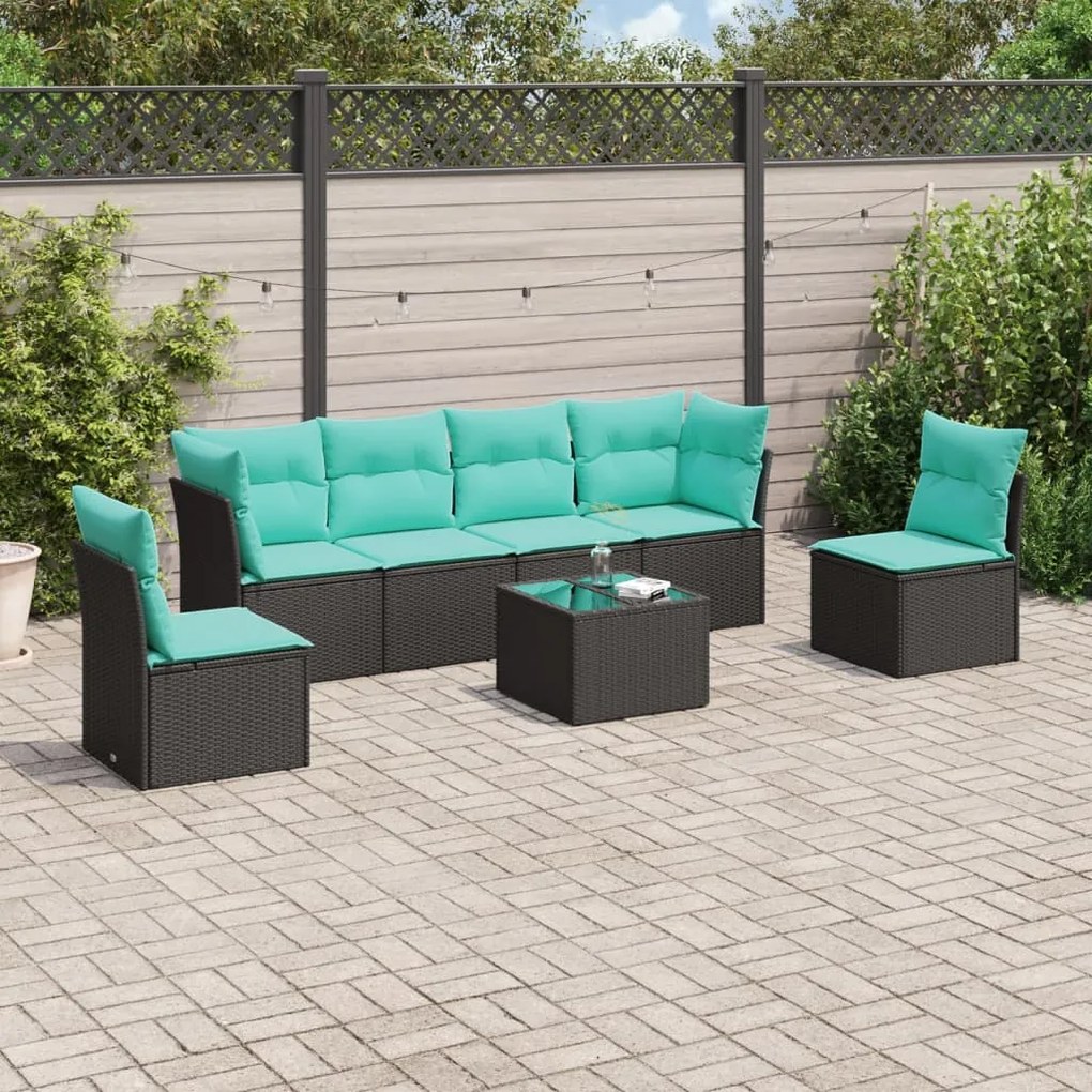 vidaXL 7 pcs conjunto de sofás p/ jardim c/ almofadões vime PE preto