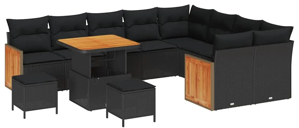 Conjunto de Sofá de Jardim de 12 Peças com Almofadas Pretas de Vime Si