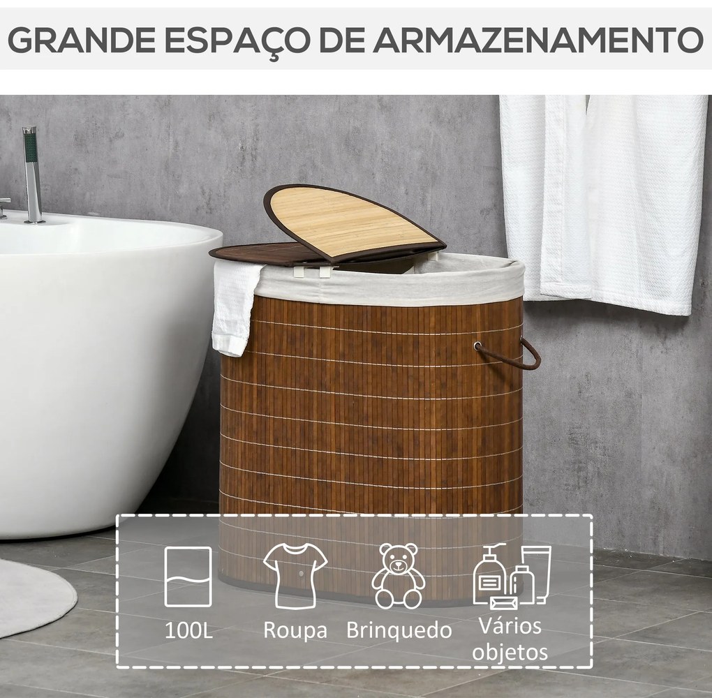 HOMCOM Cesto de Roupa de Bambu Capacidade de 100L Cesto para Roupa Suja com Tampa Rebatível e Bolsa com 2 Compartimentos Amovível 62,5x37x60,5cm