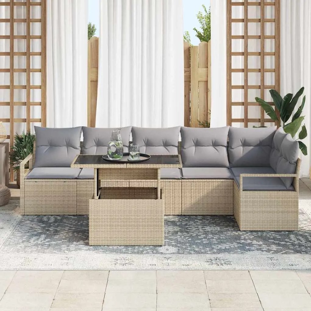 Conjunto de Sofá de Jardim vidaXL de 7 Peças com Almofadas Bege Vime P