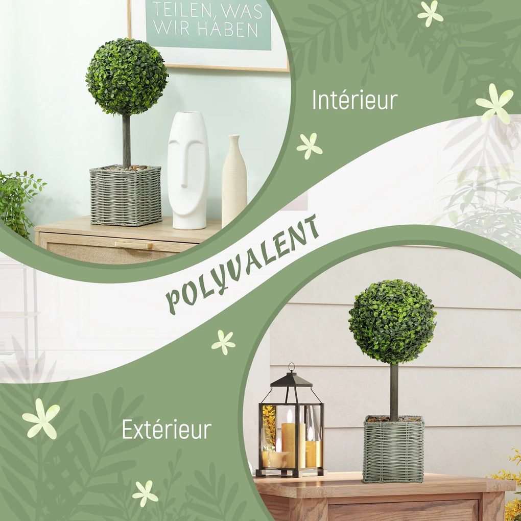 Conjunto de 2 plantas artificiais decorativas, bolas de buxo artificial de 50 cm com vaso de plástico trançado e seixos, verde