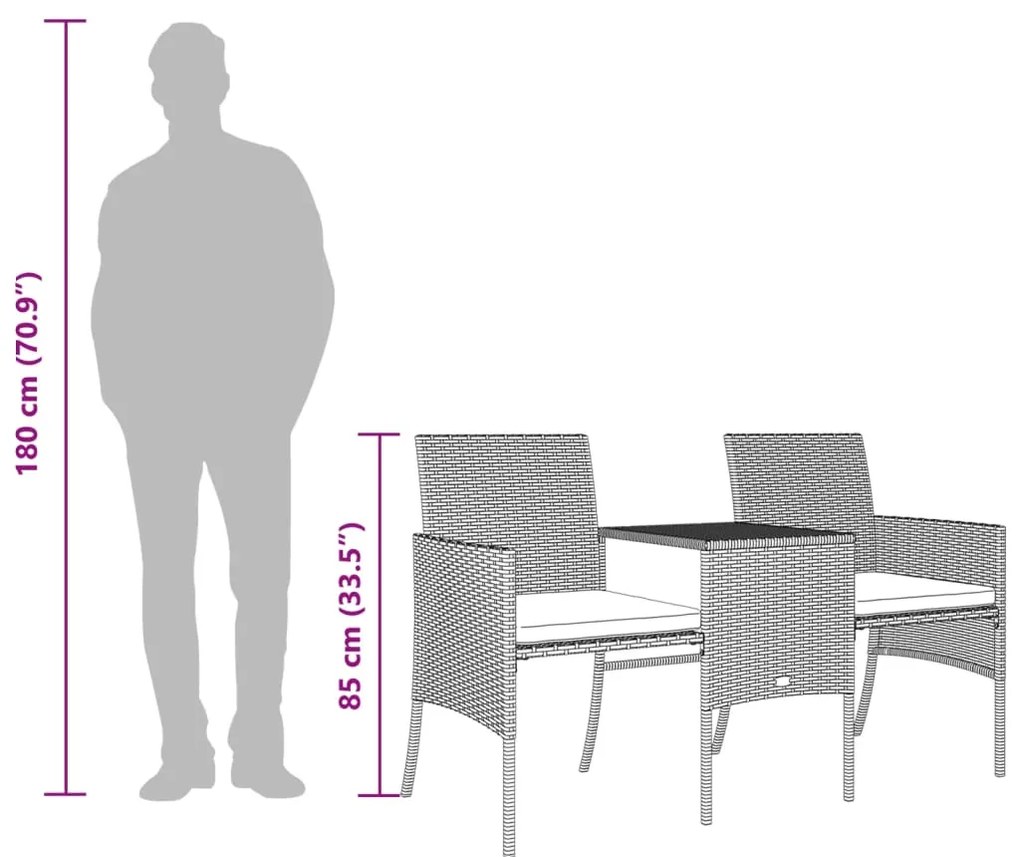 Sofá de jardim de 2 lugares com mesa e bancos vime PE cinzento