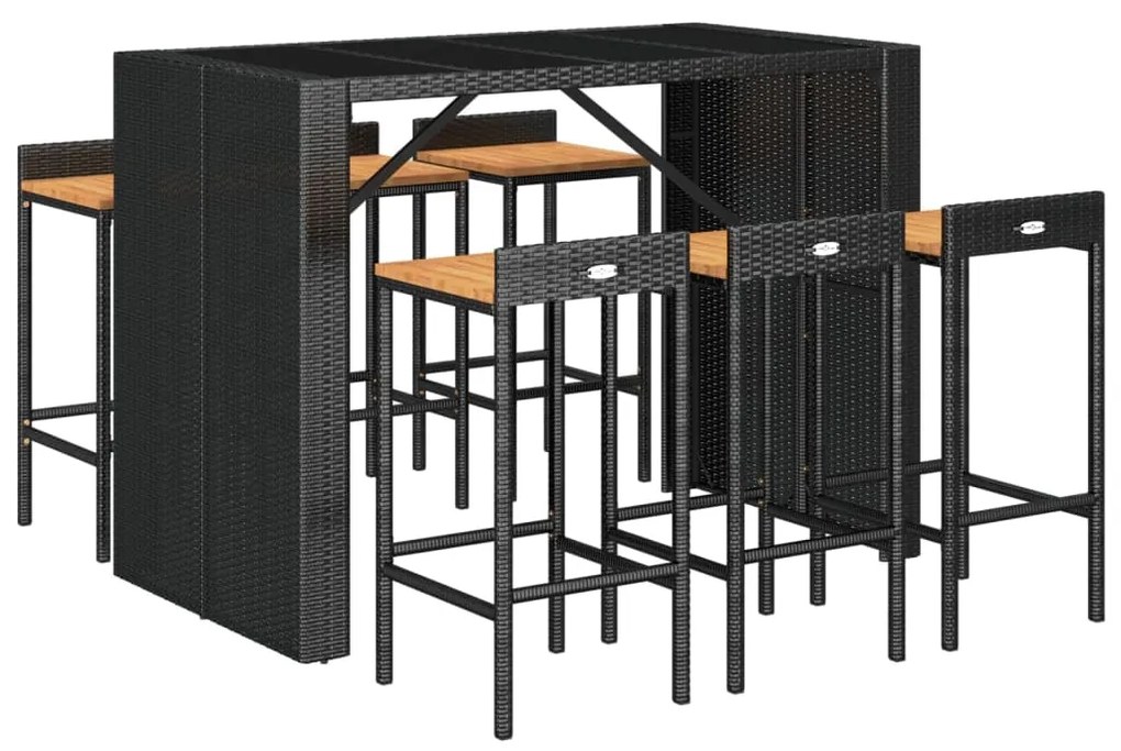 7 pcs conjunto de bar p/ jardim vime PE/acácia maciça preto