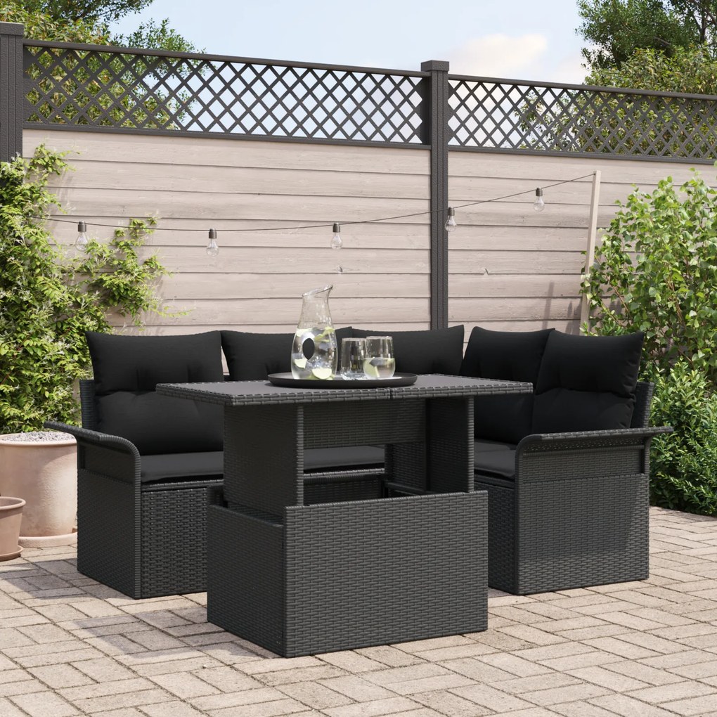 vidaXL Conjunto de Sofá de Jardim de 5 Peças com Almofadas Preto de Rattan Polipropileno