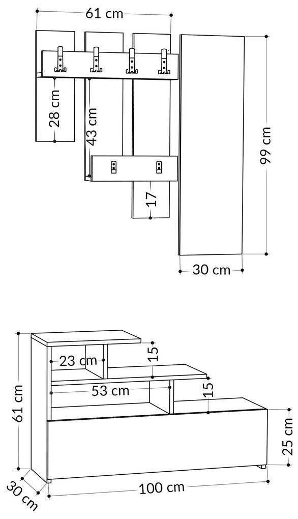 Hall Stand Vesty – Carvalho – Sapateira 100 cm x 61 cm x 30 cm, Espelh
