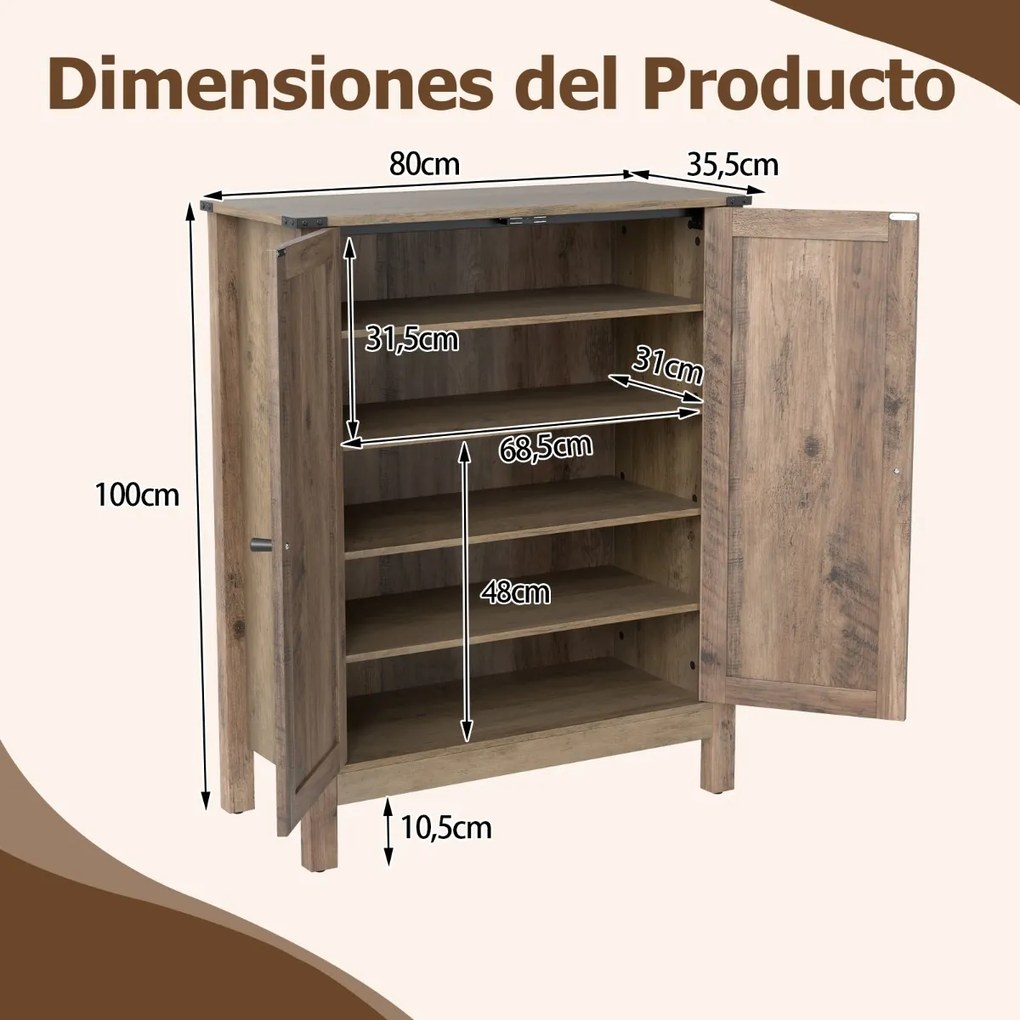 Sapateira 80 x 35,5 x 100 cm com portas para sapatos de 5 níveis com prateleiras ajustáveis Sapateira independente em madeira castanha