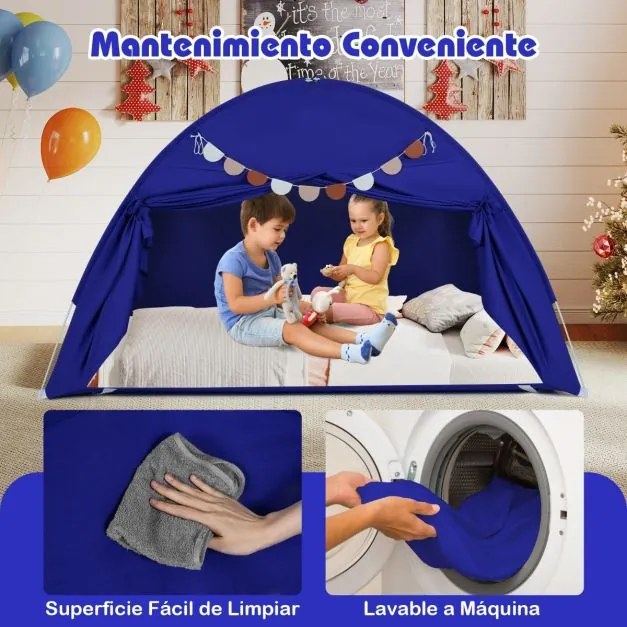 Tenda dobrável e portátil brincar para crianças 201 x 100 x 122 cm com 2 janelas e bandeiras para beliches duplos azul