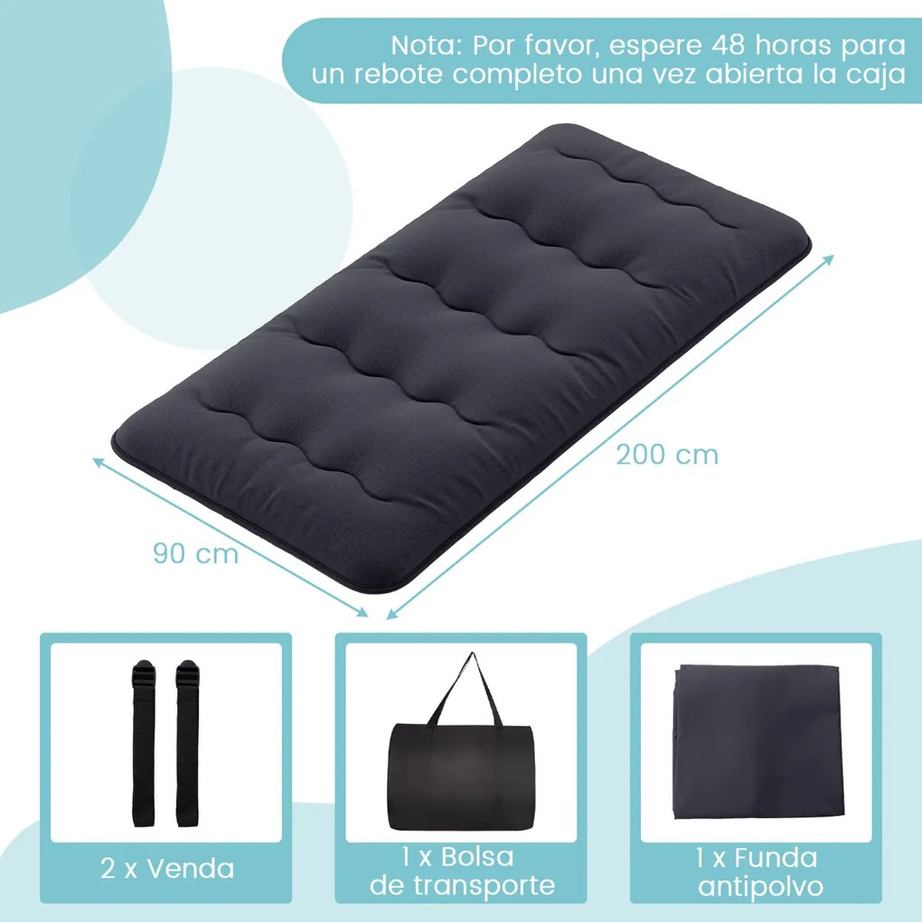 Colchão enrolável para o chão com capa lavável e com bolsa de transporte 200 x 90 x 10 cm - preto