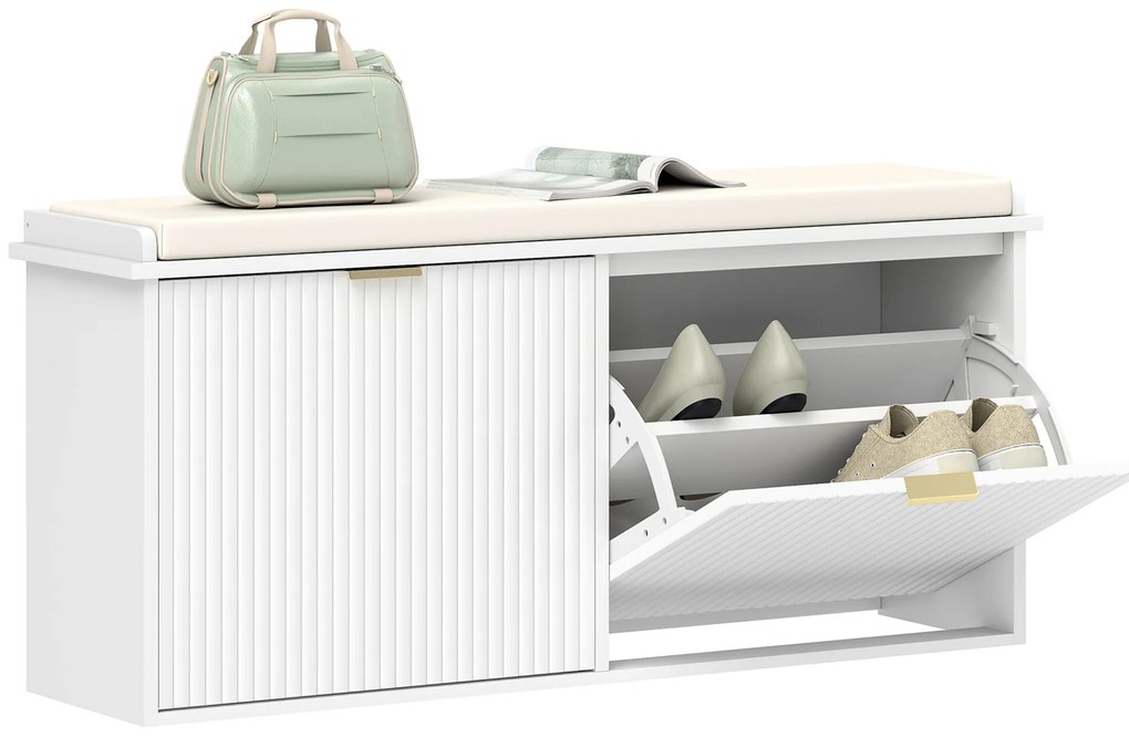 HOMCOM Banco Sapateira Móvel Sapateira Estreito Banco de Entrada com Assento Estofado 2 Caixas Rebatível e Painel de Ripas para Entrada Quarto Sala de Estar 104x26x47,5 cm Branco