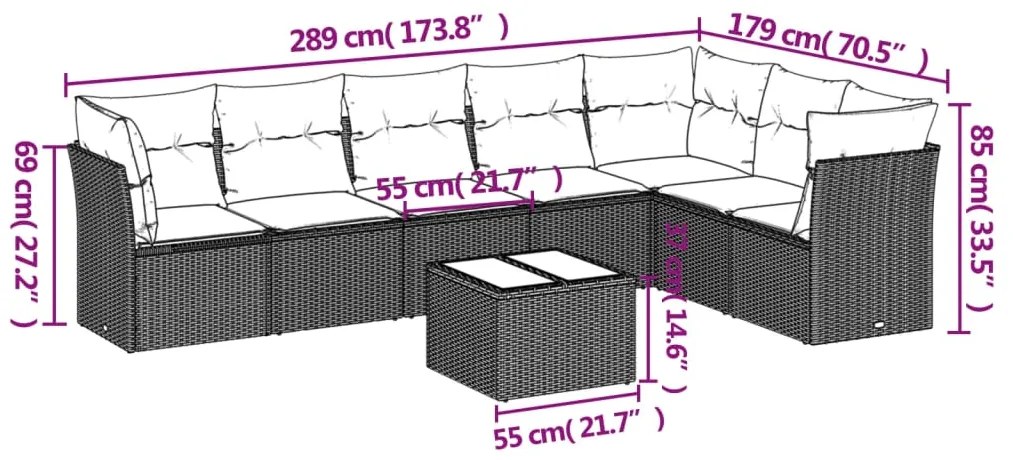 8 pcs conjunto sofás de jardim com almofadões vime PE preto