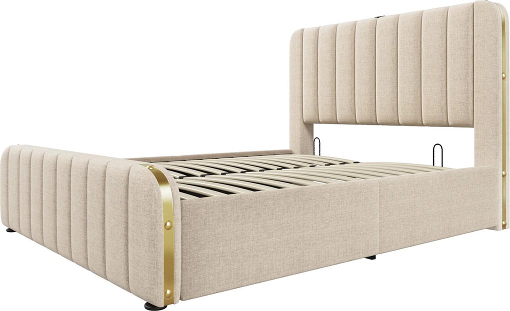 Cama de casal estofada com arrumação para colchão 140X190 cm, Bege | AOSOM Portugal