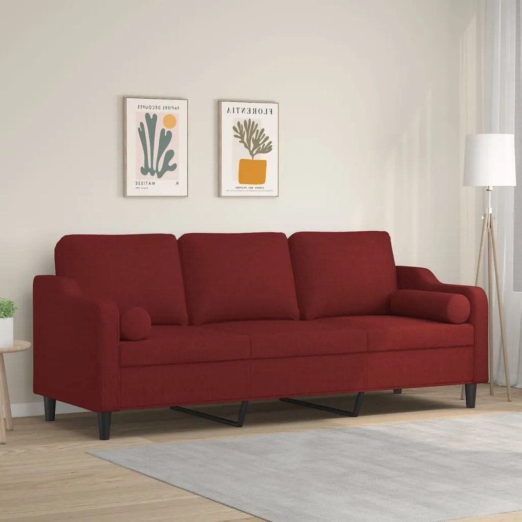 vidaXL Sofá 3 lug. c/ almofadas/almofadões 210cm tecido vermelho tinto