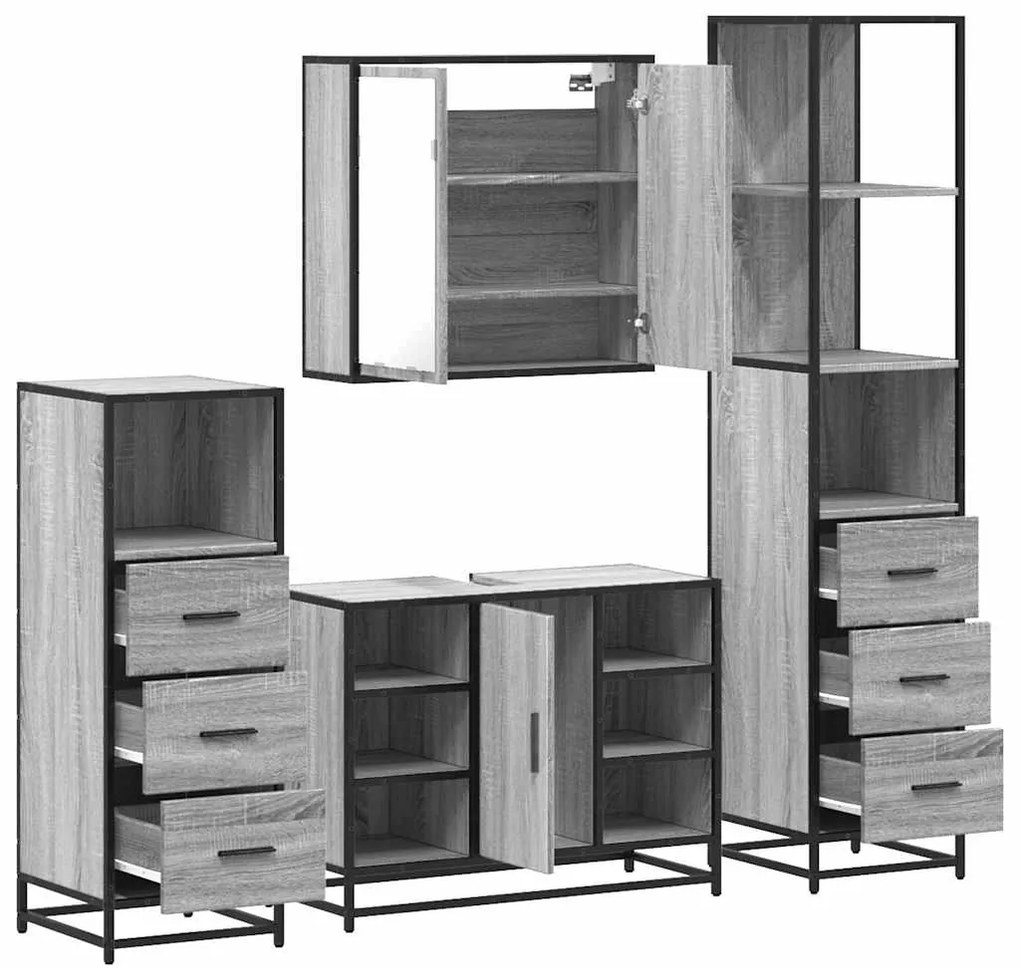 4 pcs Conjunto móveis casa de banho madeira proc. cinza sonoma