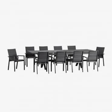 Conjunto De Mesa Extensível Retangular Karena 240-300x100 Cm E 10 Cadeiras De Jardim Empilháveis Com Braços De Alumínio Cinza Grafito - Sklum