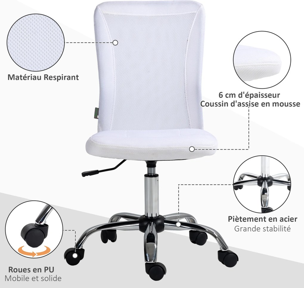 Cadeira de escritório com altura ajustável, base cromada e rotação de 360°, revestimento em malha branca