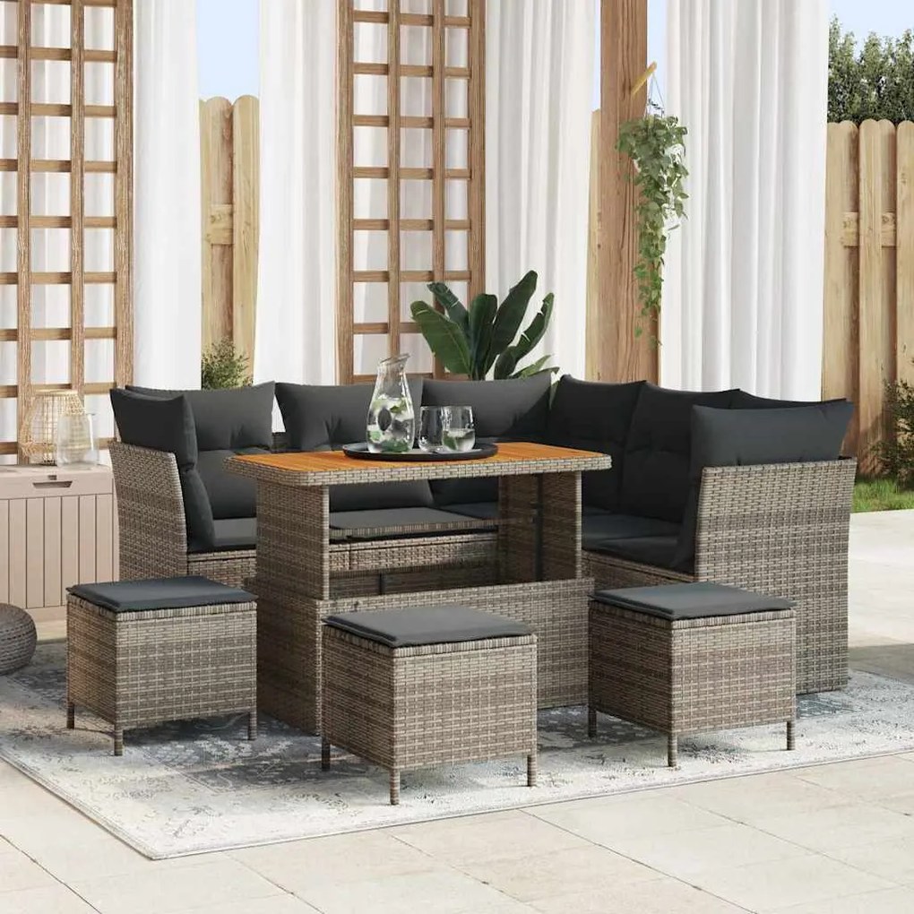 vidaXL Conjunto de Sofás de Jardim com 9 Peças e Almofadas Cinza em Rattan Sintético e Acácia