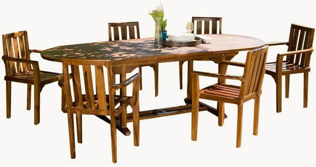 Conjunto de jantar para jardim em madeira de teca Maeva, conjunto de 7