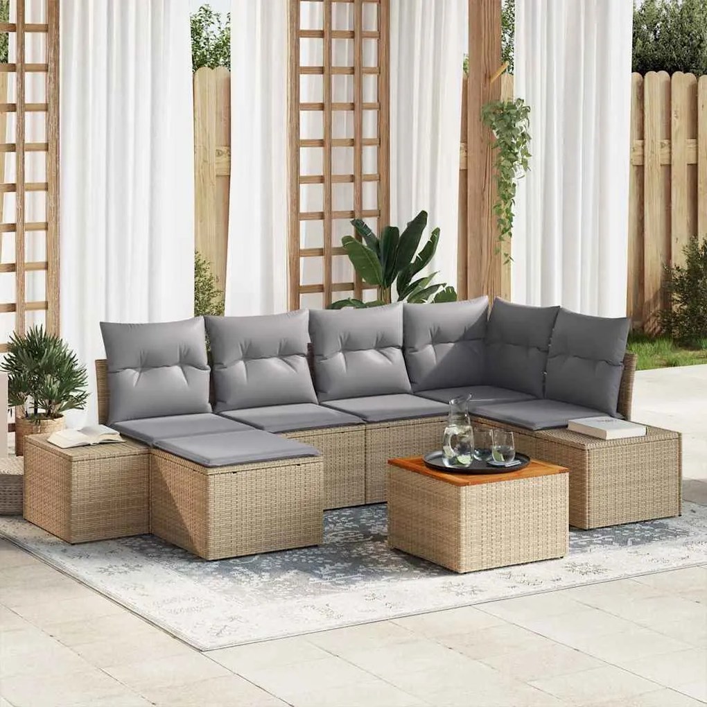 vidaXL Sofá de Jardim 7 Peças com Almofadas Beiges em Rattan Sintético e Acácia