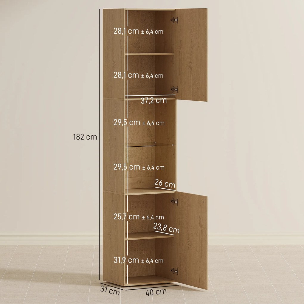 Coluna Casa de Banho Estreita Armário de Banho Alto com 6 Níveis com 2 Portas Prateleira de Vidro 40x31x182 cm Carvalho