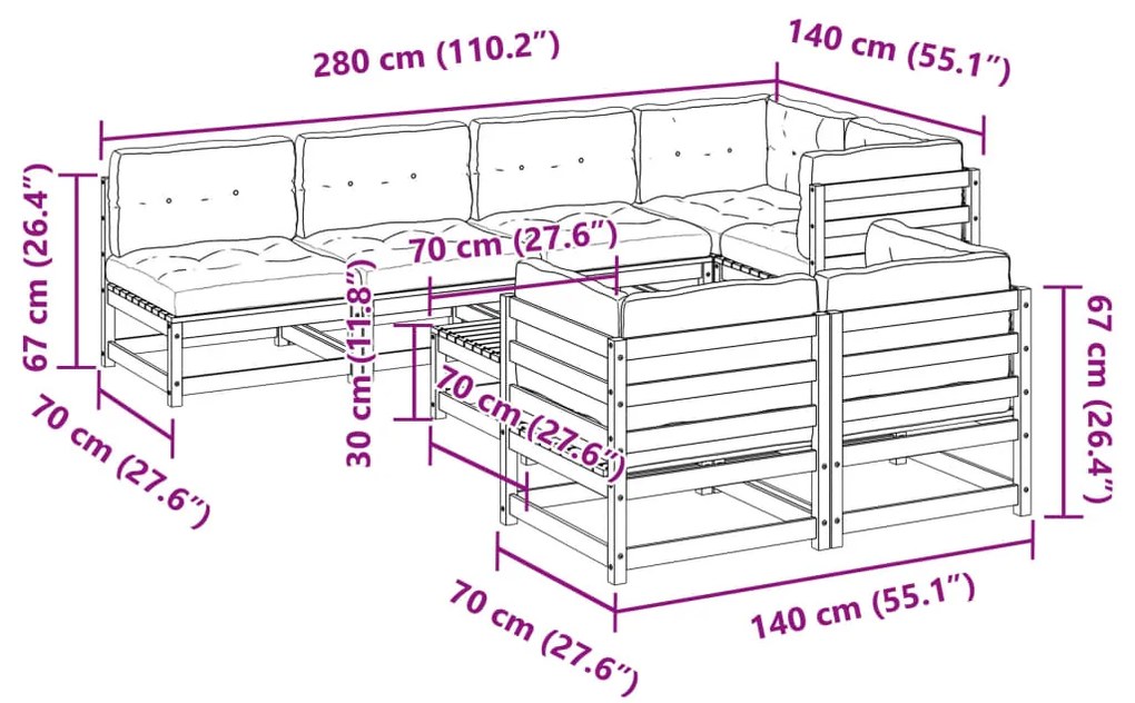 8 pcs conj. sofás jardim c/ almofadões madeira pinho impregnada