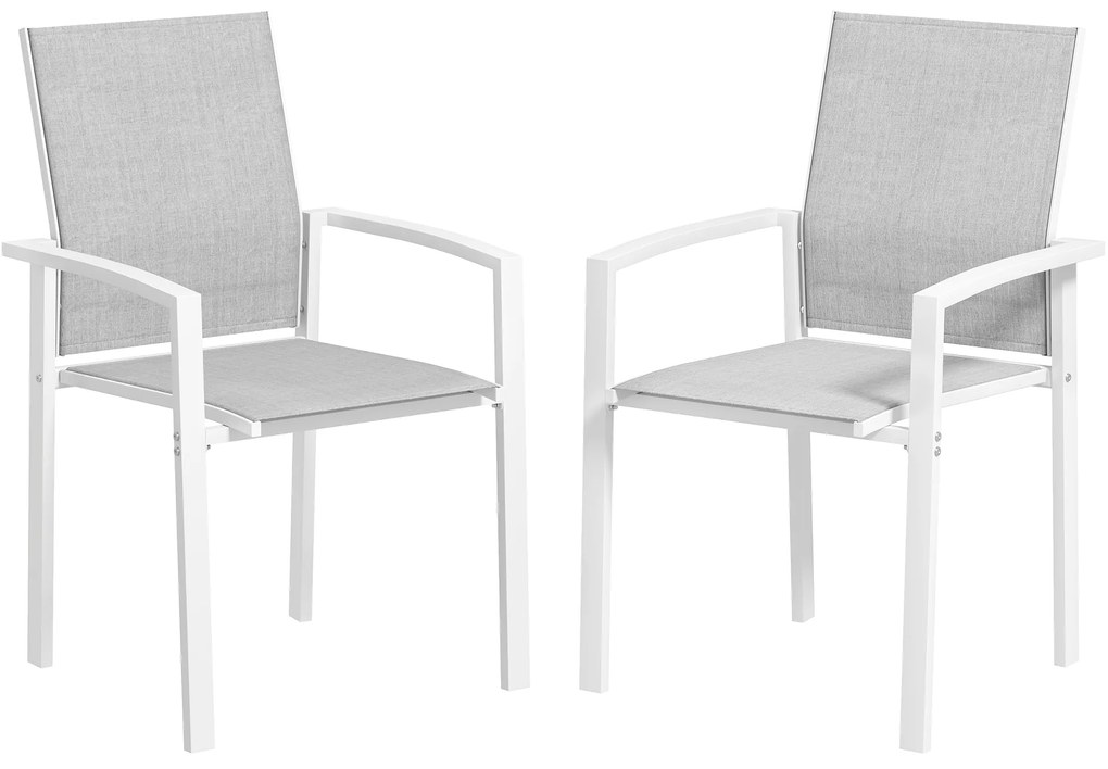 Outsunny Conjunto 2 Cadeiras Jardim Empilháveis Tecido Transpirável Estrutura Aço Confortáveis 56x58x89 cm Branco Cinzento | Aosom Portugal