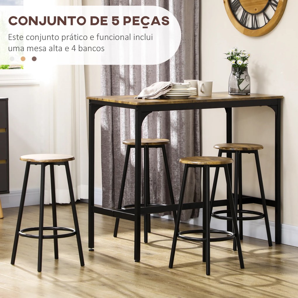 Conjunto de Móveis Altos de Bar com 5 Peças Mesa de Refeição Industrial e 4 Bancos Redondos Castanho Rústico e Preto