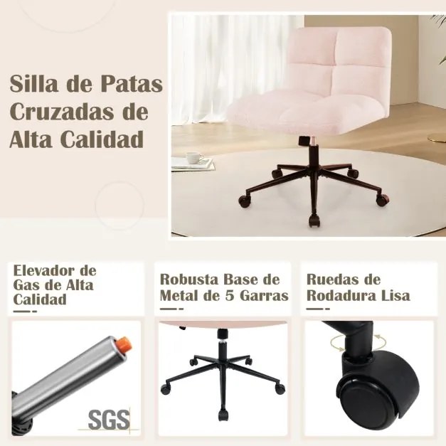 Cadeira escritório ajustável em altura com pernas cruzadas giratória estofada em veludo falso com 5 rodas rosa claro