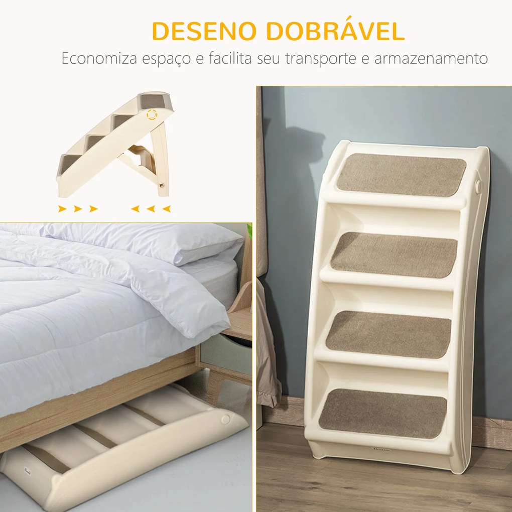 PawHut Escada Dobrável para Animais de Estimação de 4 Degraus para Cães Gatos Portátil com Tapetes Antiderrapantes para Cama Sofá Carga 20kg 67x38x49,5cm Bege
