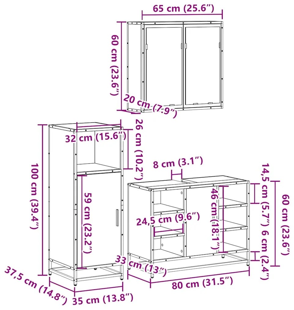 3 pcs Conjunto móveis casa de banho madeira proc. cinza sonoma