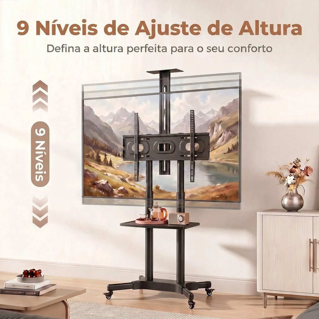 Suporte para TV com Rodas para Televisores de 32-75 Polegadas, Altura Ajustável, Rodas com Travão, VESA máx. 400 x 600 mm