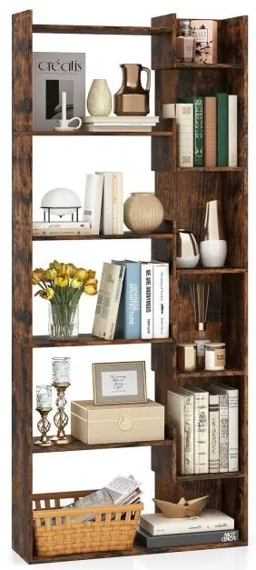 Estante de madeira com 6 níveis, 2 kits antitombamento, 11 prateleiras abertas, móveis de armazenamento decorativos naturais e práticos