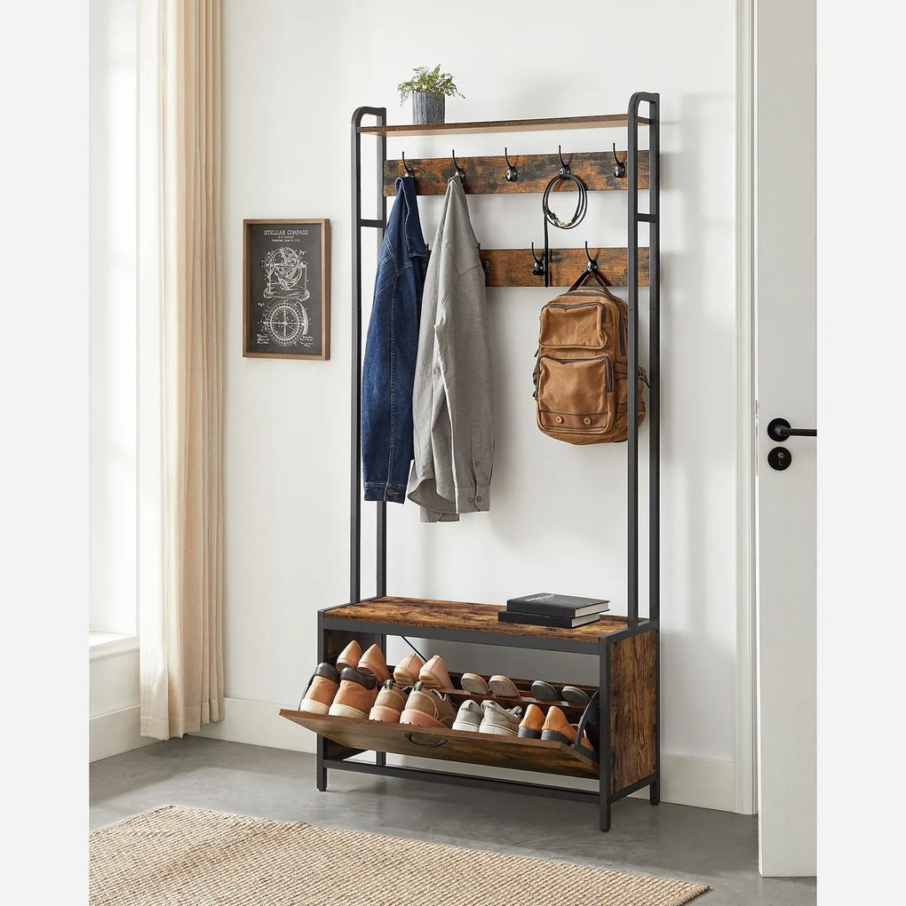 Cabide Bengaleiro Hall com sapateira 30 x 85 x 180 cm Castanho Vintage-preto