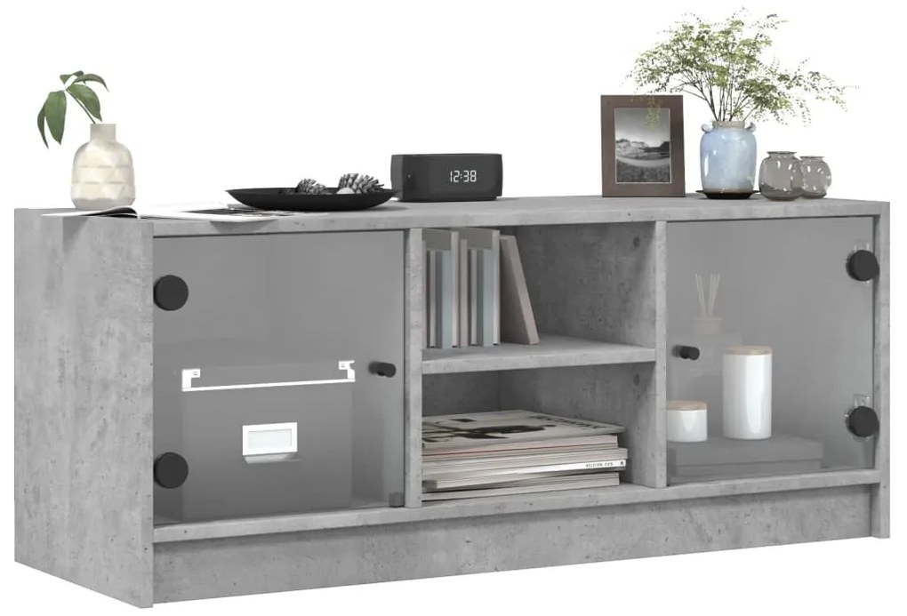 Móvel de TV c/ portas de vidro 102x37x42 cm cinza cimento