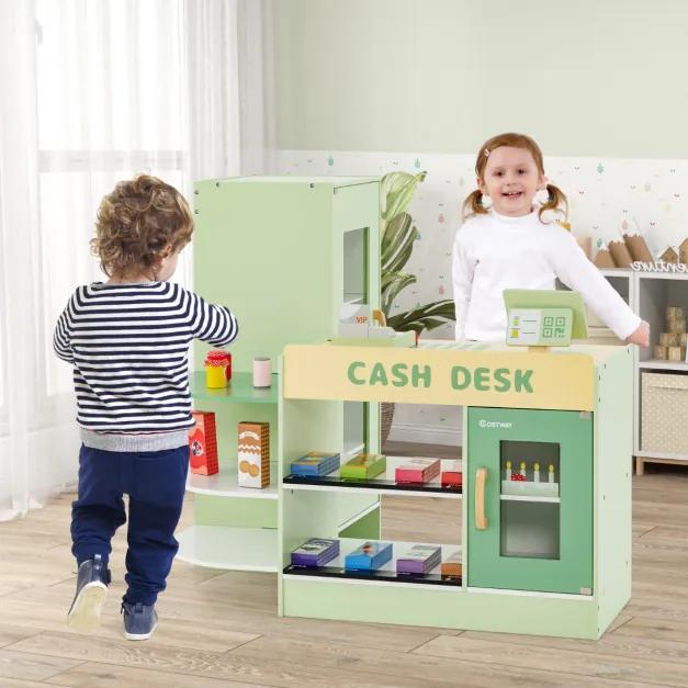 Mercearia para crianças 3-8 anos de idade Supermercado de madeira com caixa registadora POS Máquina de venda automática Verde