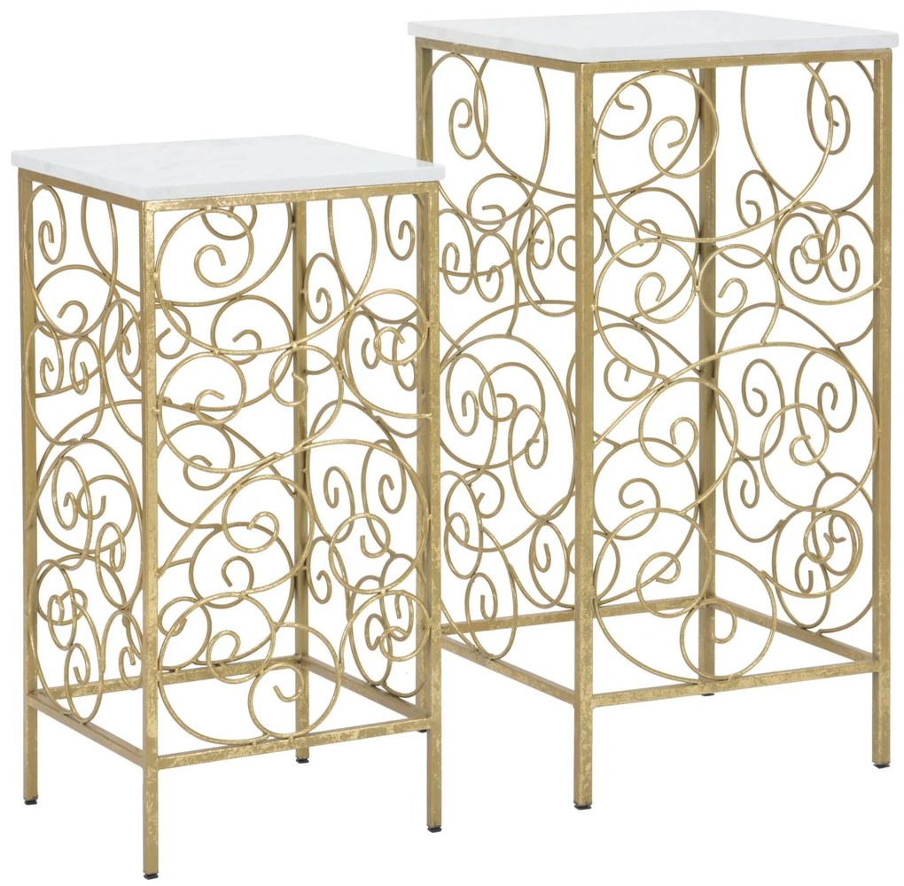 CONJUNTO DE 2 MESAS DE APOIO ESPIRAL 34X34X70-29X29X60 CM DOURADO E BRANCO