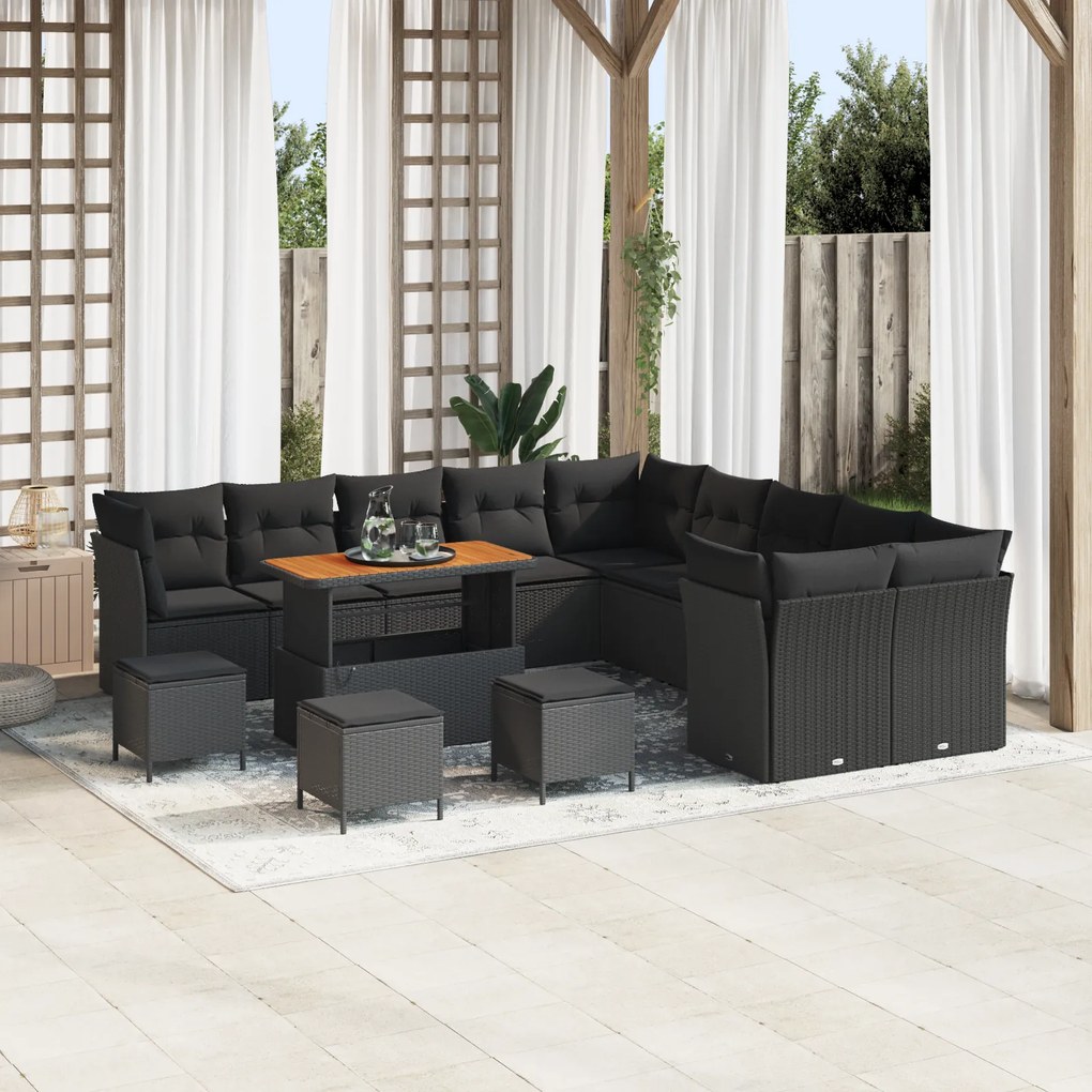 Conjunto de Sofá de Jardim vidaXL com 14 Peças e Almofadas Preto Ratta