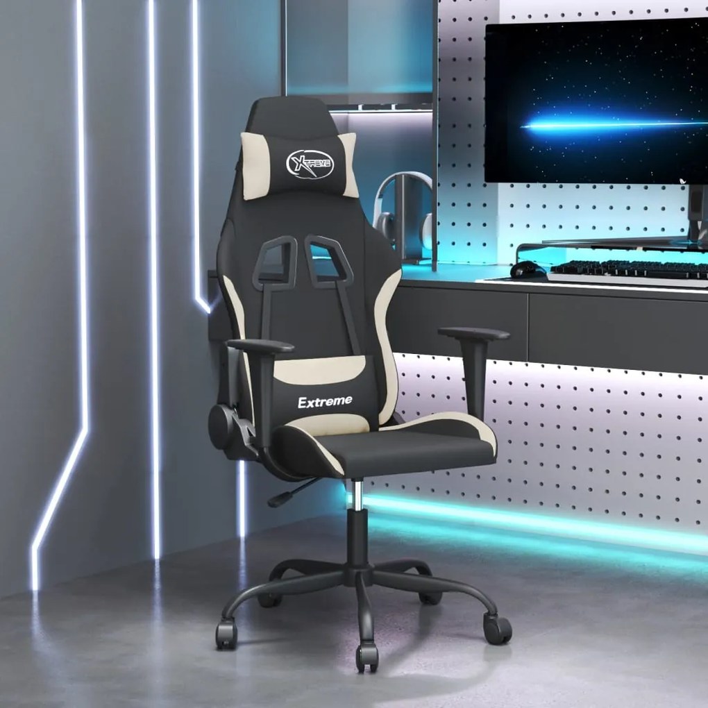 345469 vidaXL Cadeira gaming de massagens tecido preto e creme