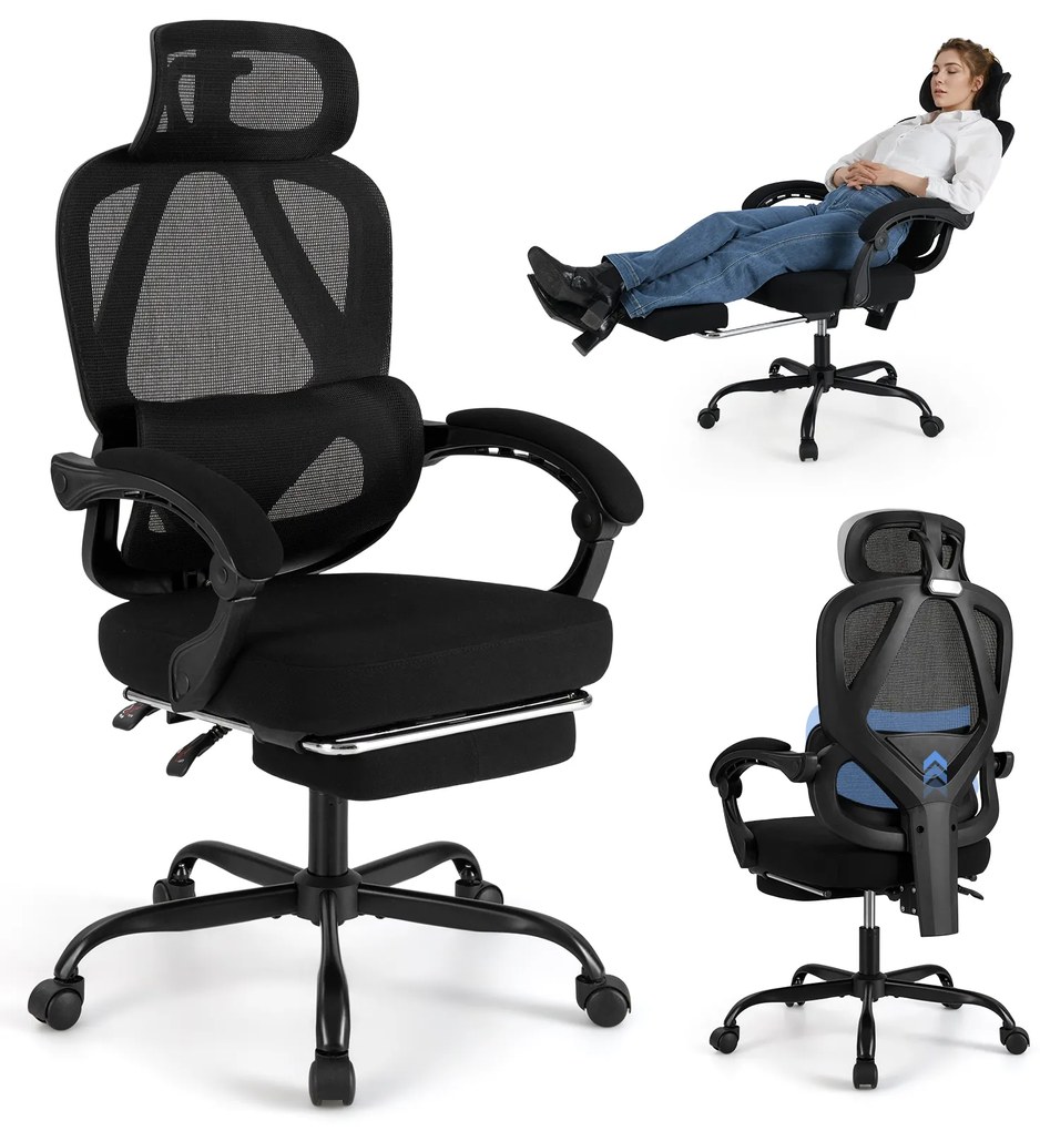 Cadeira ergonômica de escritório giratória para computador com apoio de cabeça giratório - preta